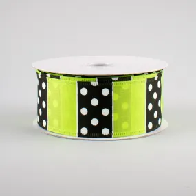 1.5" B & W Polka Dot Stripes Ribbon: Lime (10 Yards)