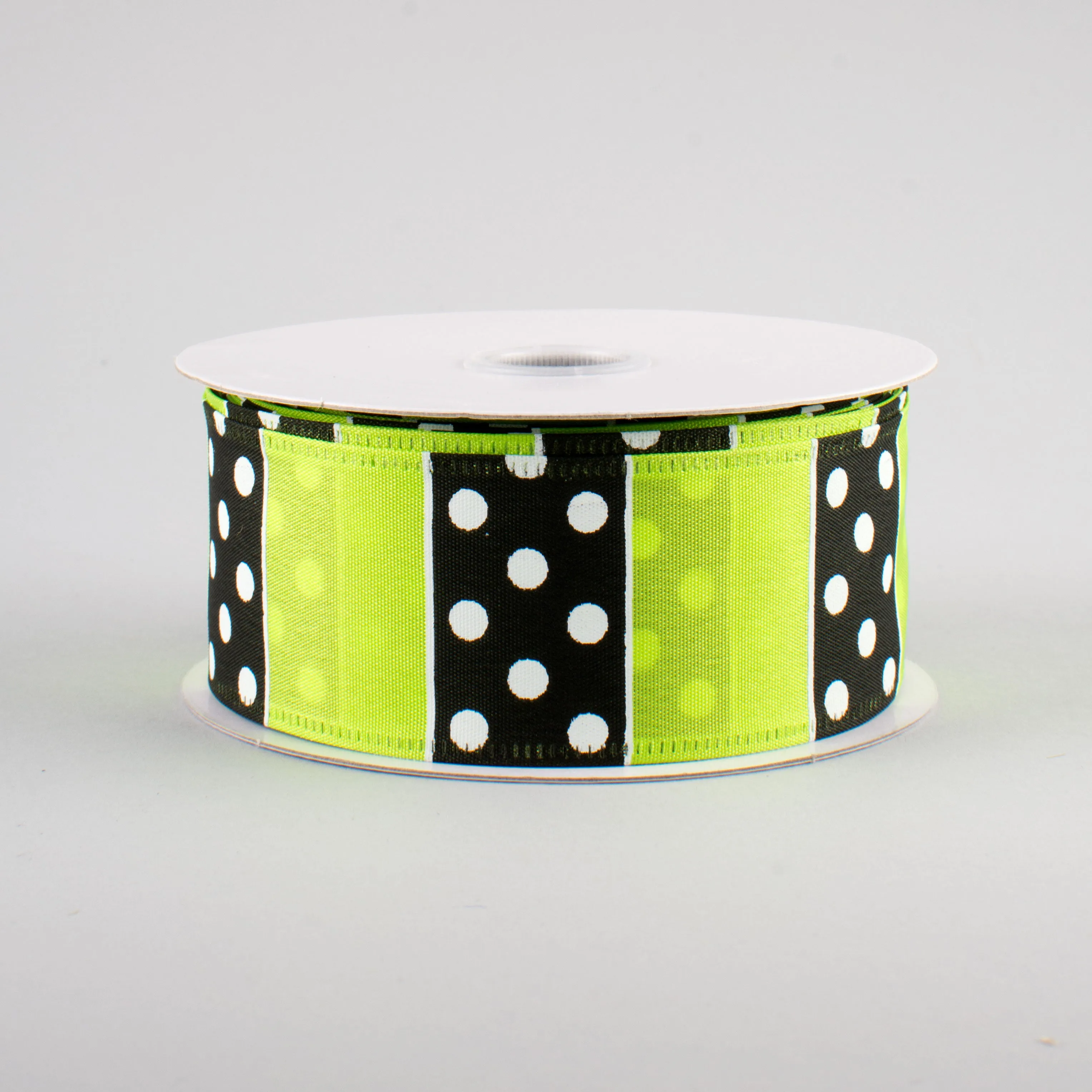 1.5" B & W Polka Dot Stripes Ribbon: Lime (10 Yards)