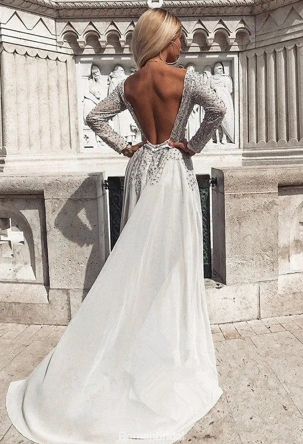 A-line Long Sleeves Beading Backless Prom Dresses, PD0672