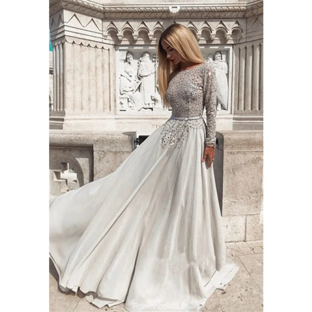 A-line Long Sleeves Beading Backless Prom Dresses, PD0672