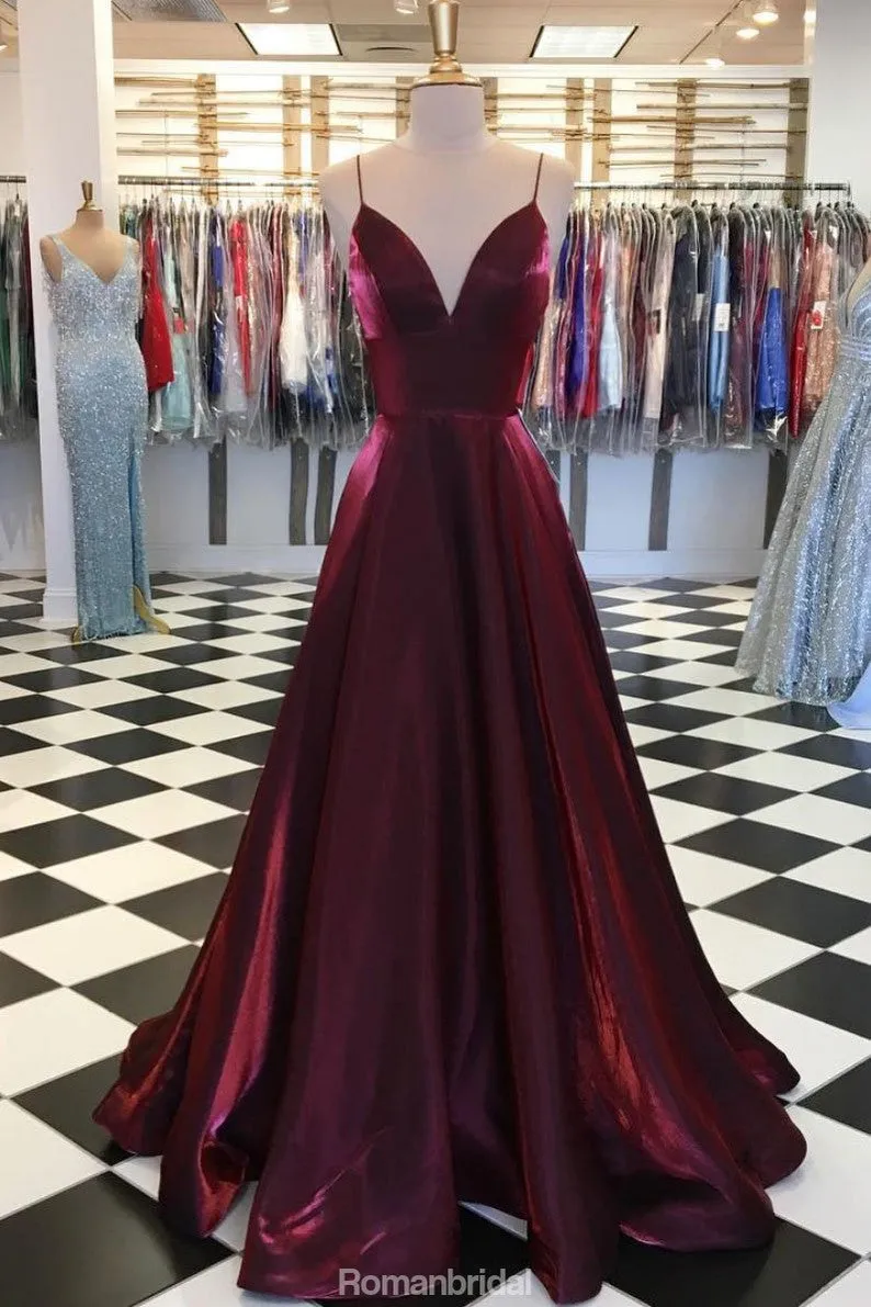 A-line Spaghetti Straps V-neck Burgundy Prom Dresses, PD0701