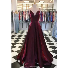 A-line Spaghetti Straps V-neck Burgundy Prom Dresses, PD0701