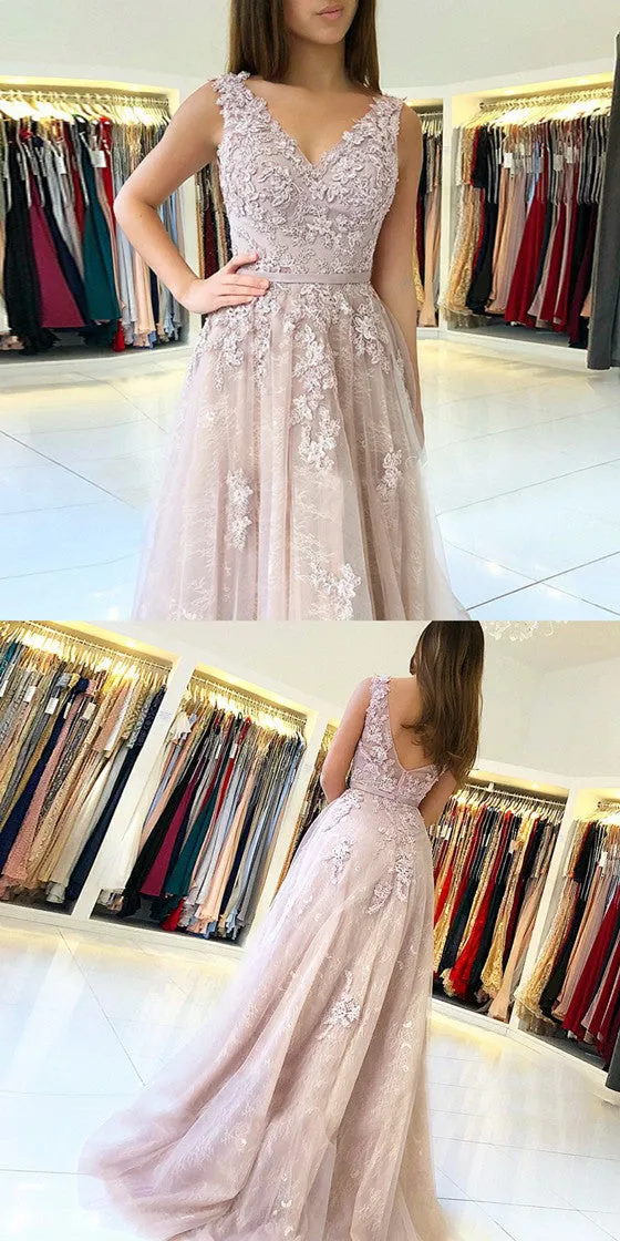 A-Line V-Neck Backless Appliques Long Tulle Prom Dresses, PD0581