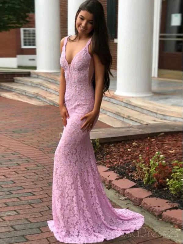 Backless V Neck Lace Mermaid Long Evening Prom Dresses, 17704