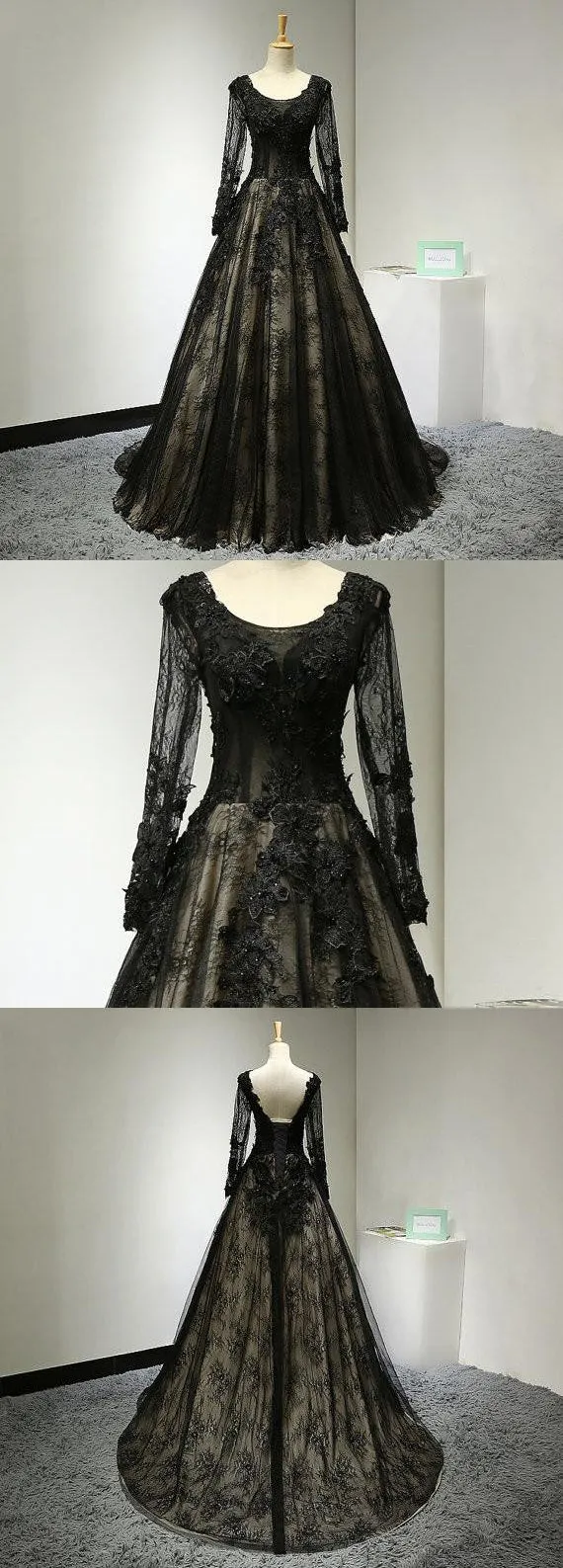 black prom dress, lace prom Dress, A-line prom dress, long sleeves prom dress, lace up prom dress, BD3901