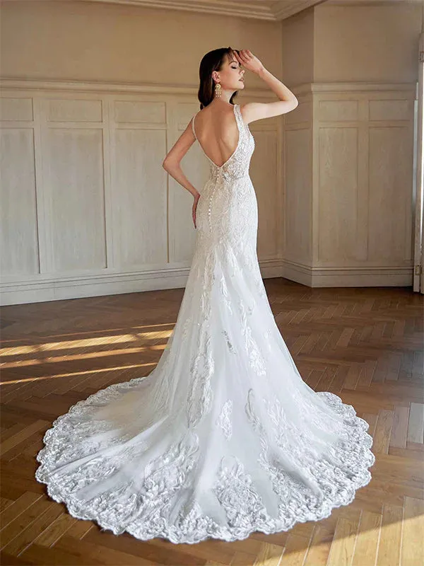 Charming A-line Tulle V-neck Lace Appliques Wedding Dresses With Trailing, WD0386