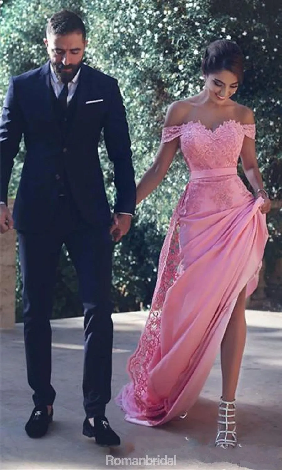 Charming Off-shoulder Pink Lace Long Prom Dress With Train, PD0609