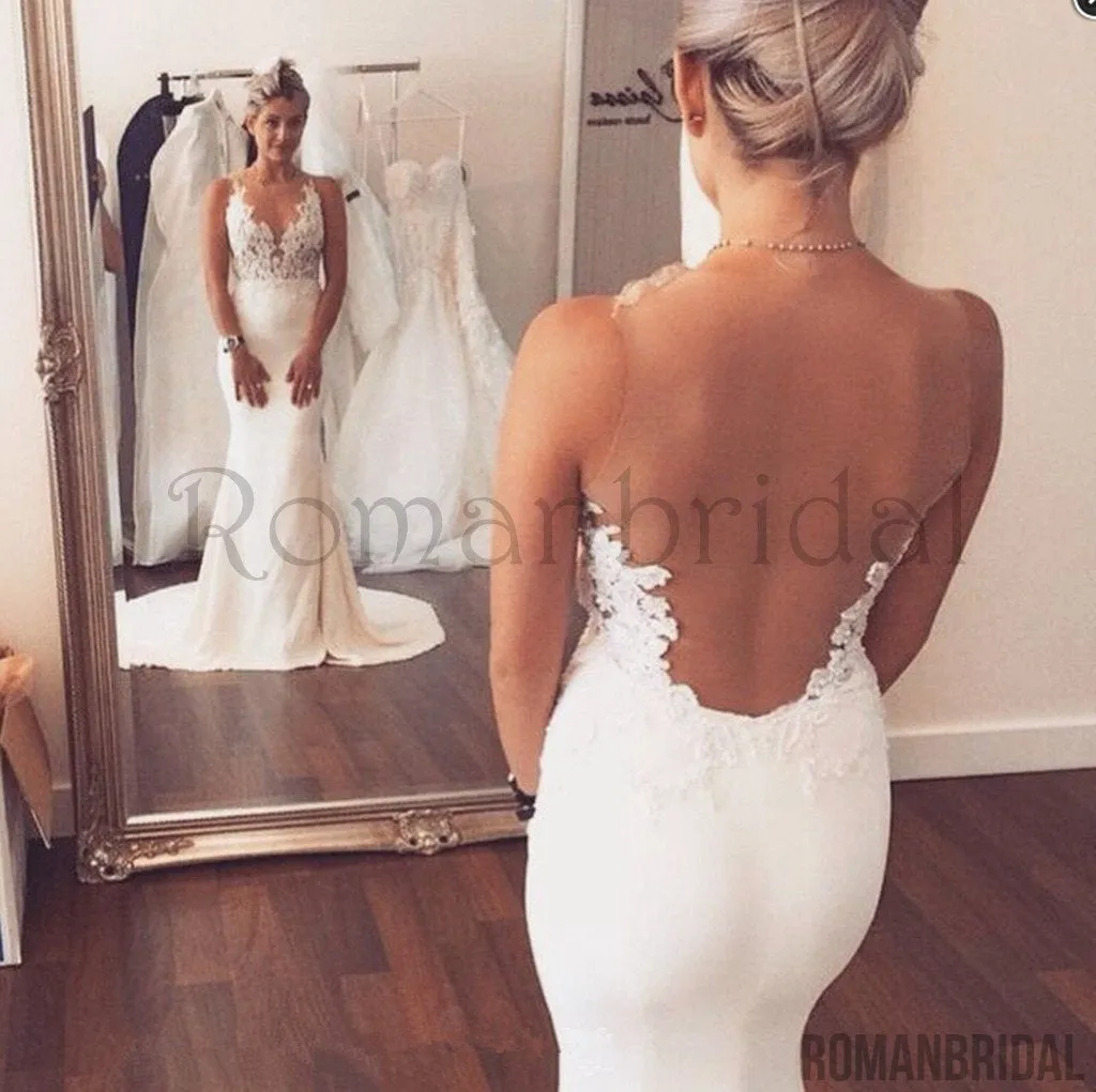 Charming Sexy Backless V-neck Mermaid Appliques Prom Gown Wedding Dress, WD0313