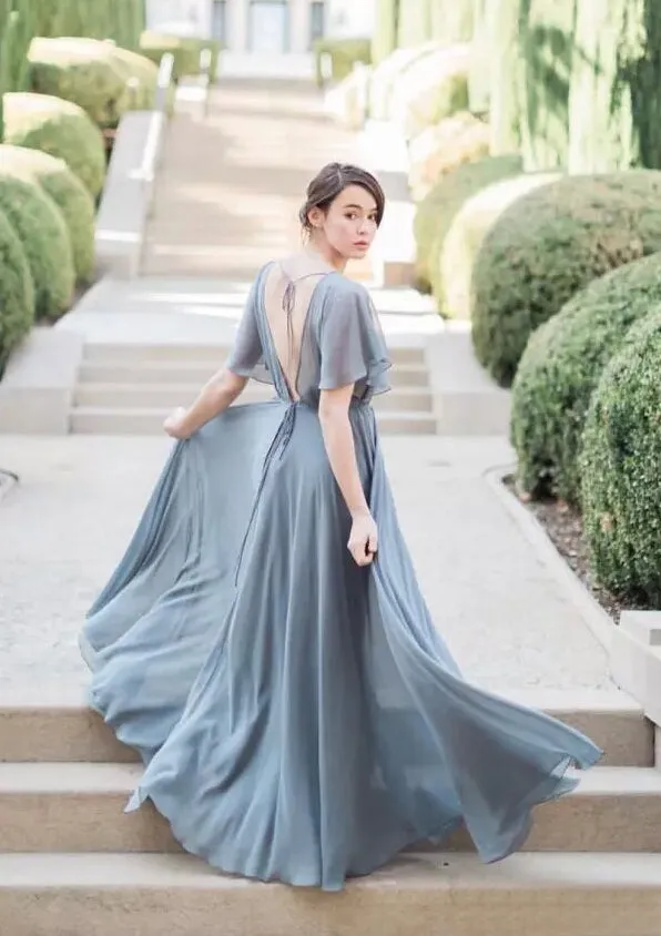 Chiffon Half Sleeves A-line Grey Long Bridesmaid Dresses Online, BG408