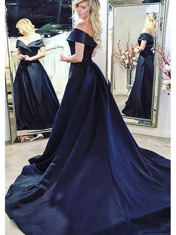 Elegant Off the Shoulder A-line Satin Floor Length Prom Dress Evening Dress, OL728