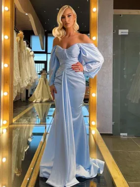 Elegant Off the Shoulder Long Sleeves Mermaid Sky Blue Long Satin Prom Dresses Online, OL699