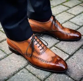 Handmade Men's Lace Up Wing Tip Shoes, Men's Brown Leather Wing Tip Casual Shoes.