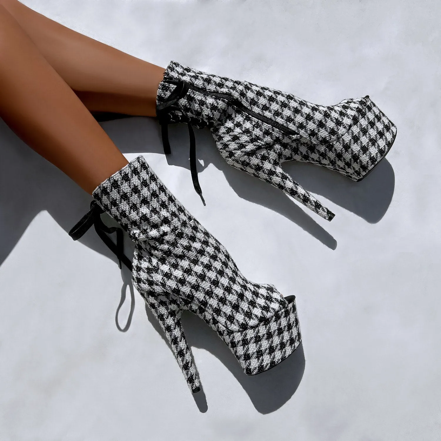 Houndstooth Corset Boot Open Toe - 7INCH