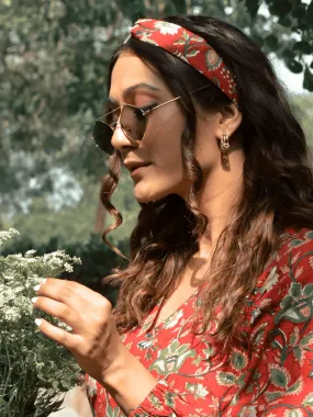 Red Floral Cotton Block Print Bandana